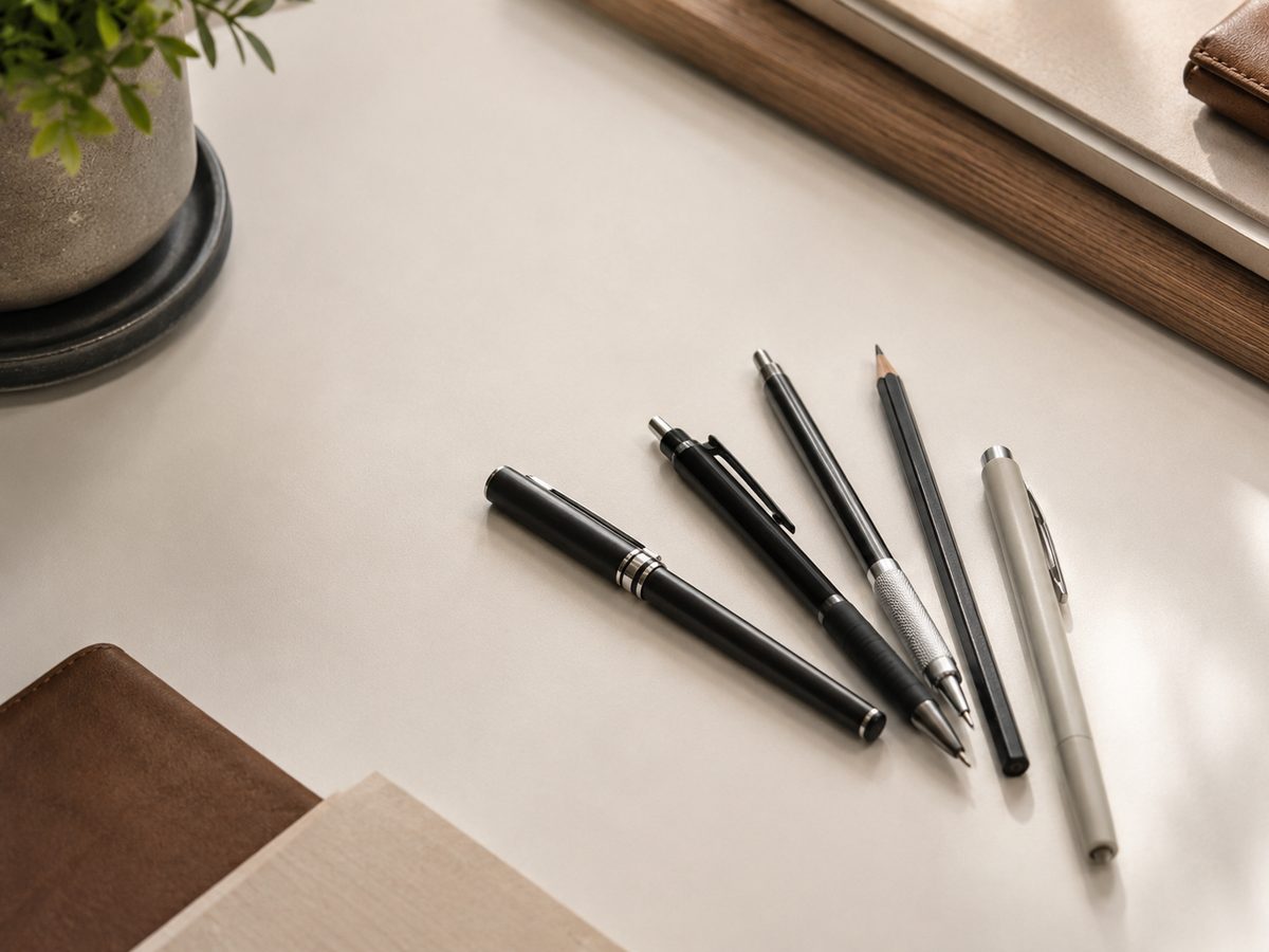 Stylos et crayons sur un bureau blanc