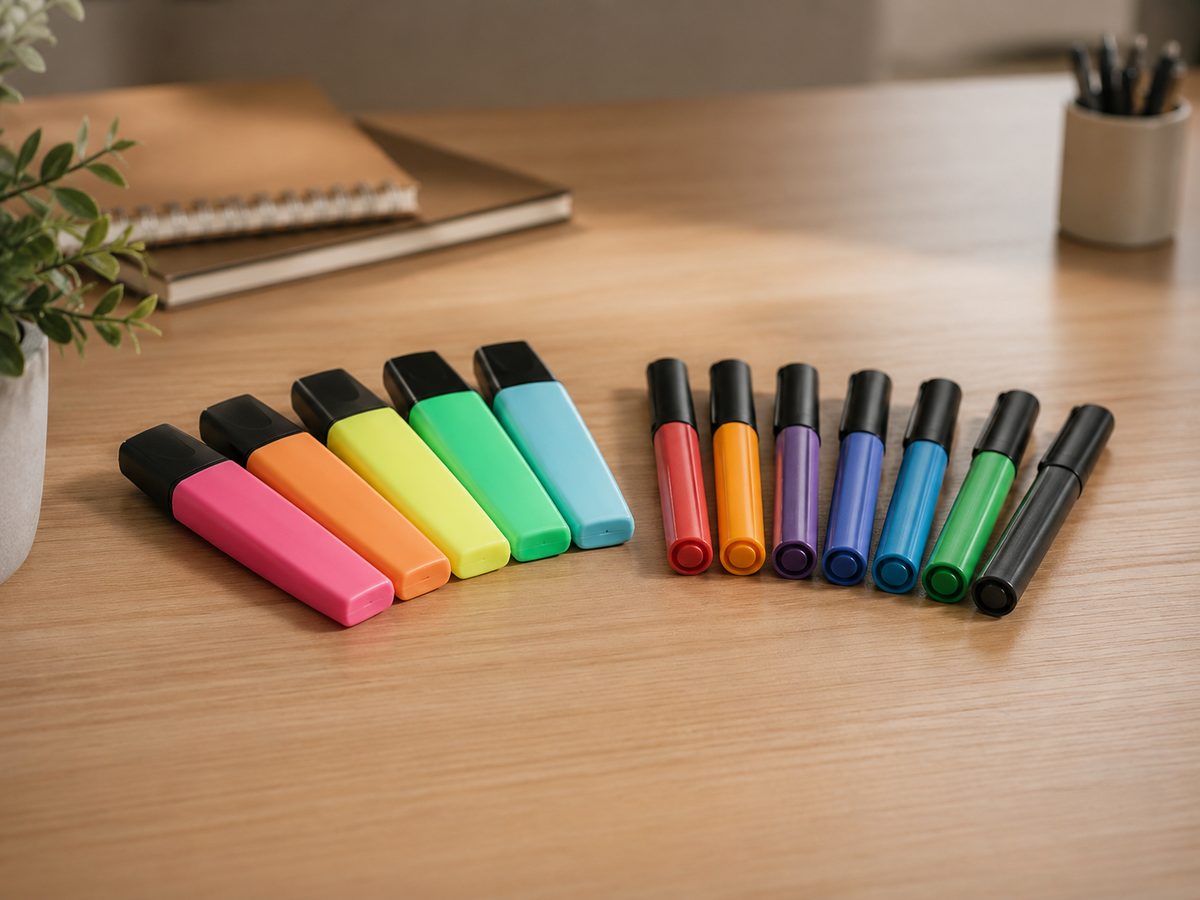 Marqueurs et surligneurs colorés alignés sur un bureau