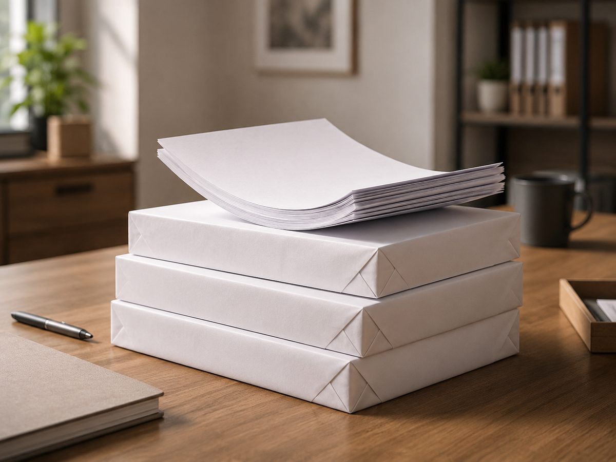 Ramettes de papier A4 empilées sur un bureau