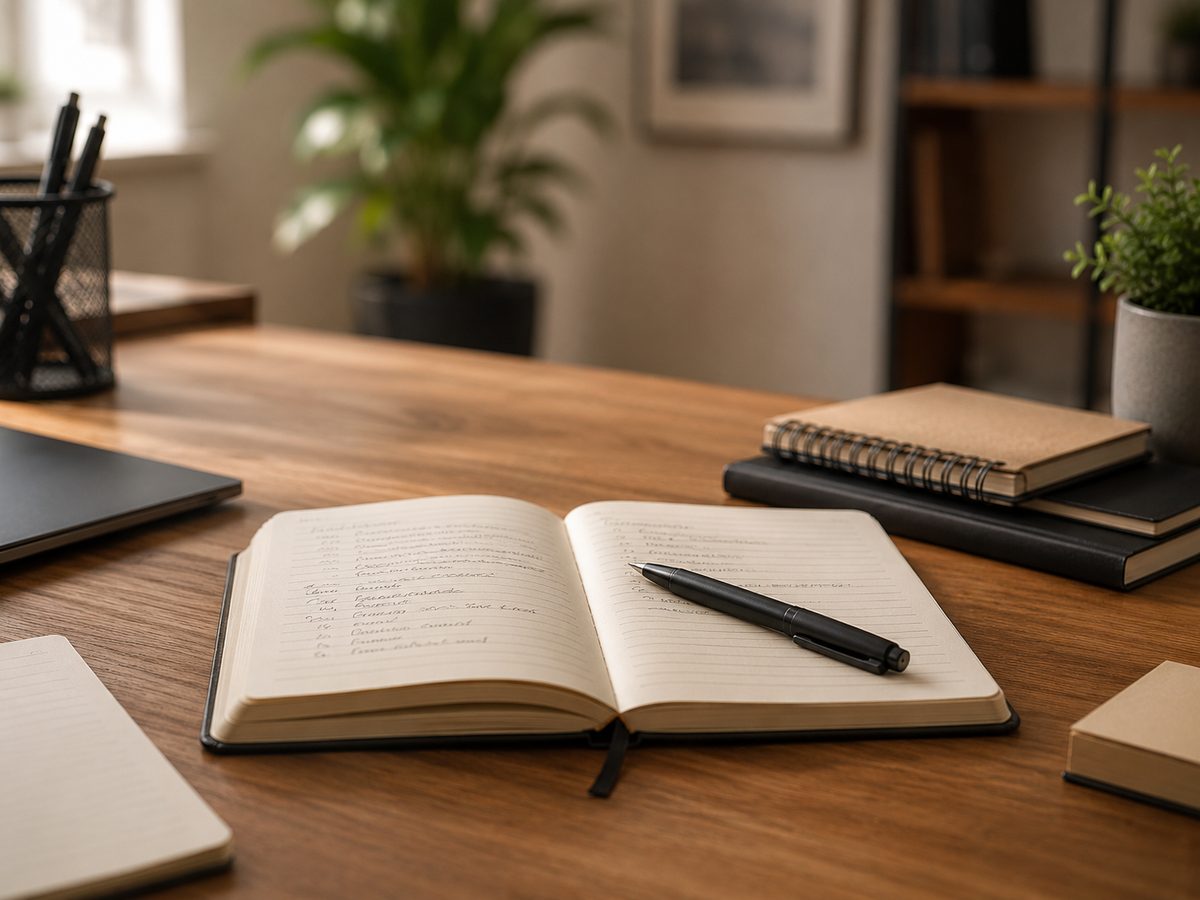 Cahier ouvert avec stylo sur un bureau en bois