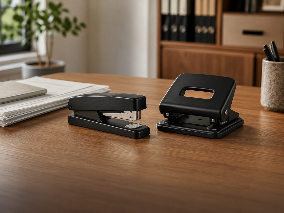 Agrafeuse et perforatrice noires sur un bureau en bois
