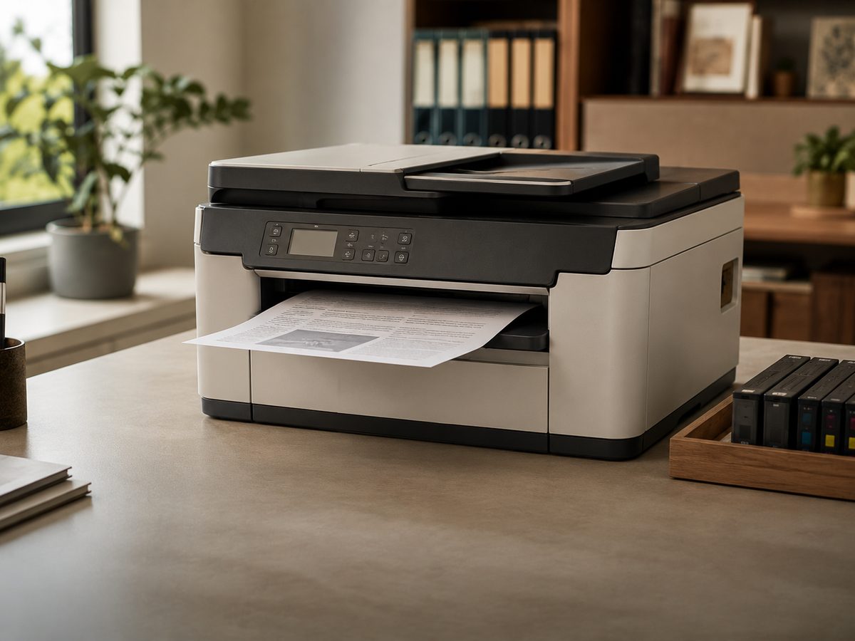 Imprimante multifonction moderne avec feuille de papier en sortie