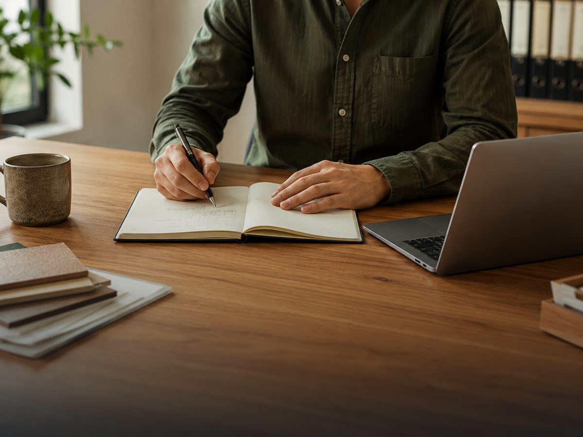 Personne planifiant une commande spéciale avec un cahier et un ordinateur portable